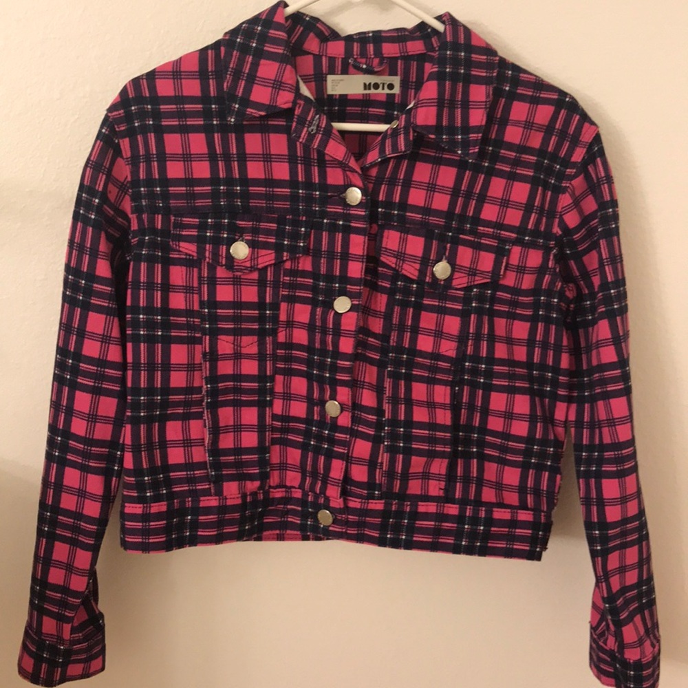 Topshop Moto pink plaid crop jacket